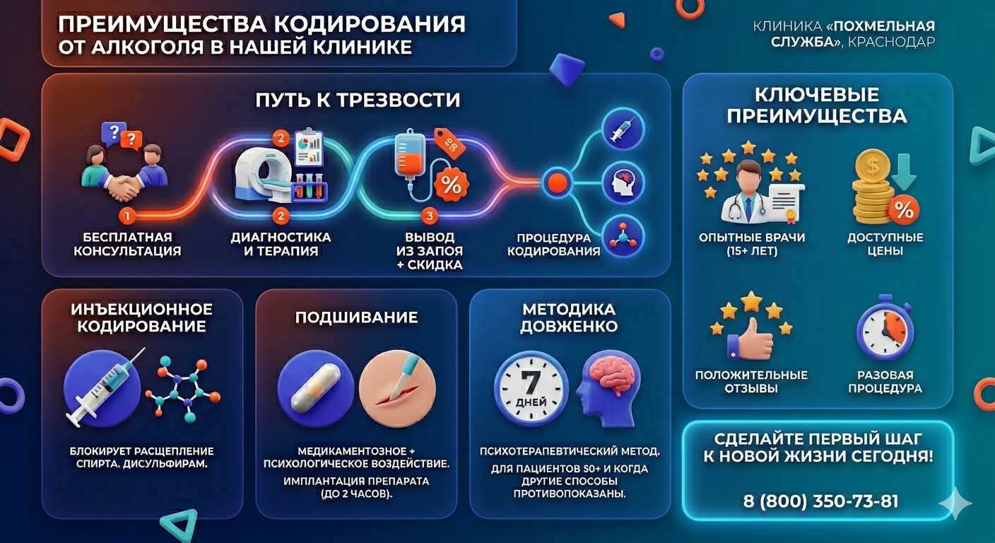Инфографика о методах кодирования от алкоголя в Днепрорудном: инъекции, подшивание, метод Довженко. Преимущества клиники и этапы лечения.