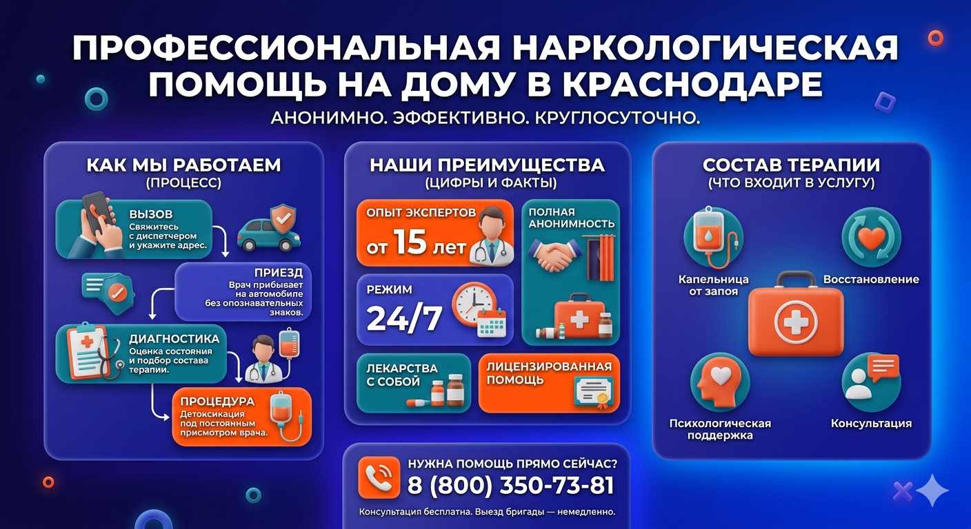 Инфографика о принципах лечения алкоголизма на дому в Днепрорудном: этапы вызова нарколога, преимущества анонимной детоксикации и состав медицинской помощи.